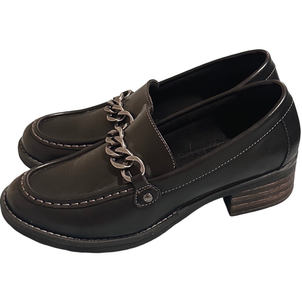 Eastland Nora Black Chain Loafers Womens 10M Lug Sole Block Heel Shoes Chunky